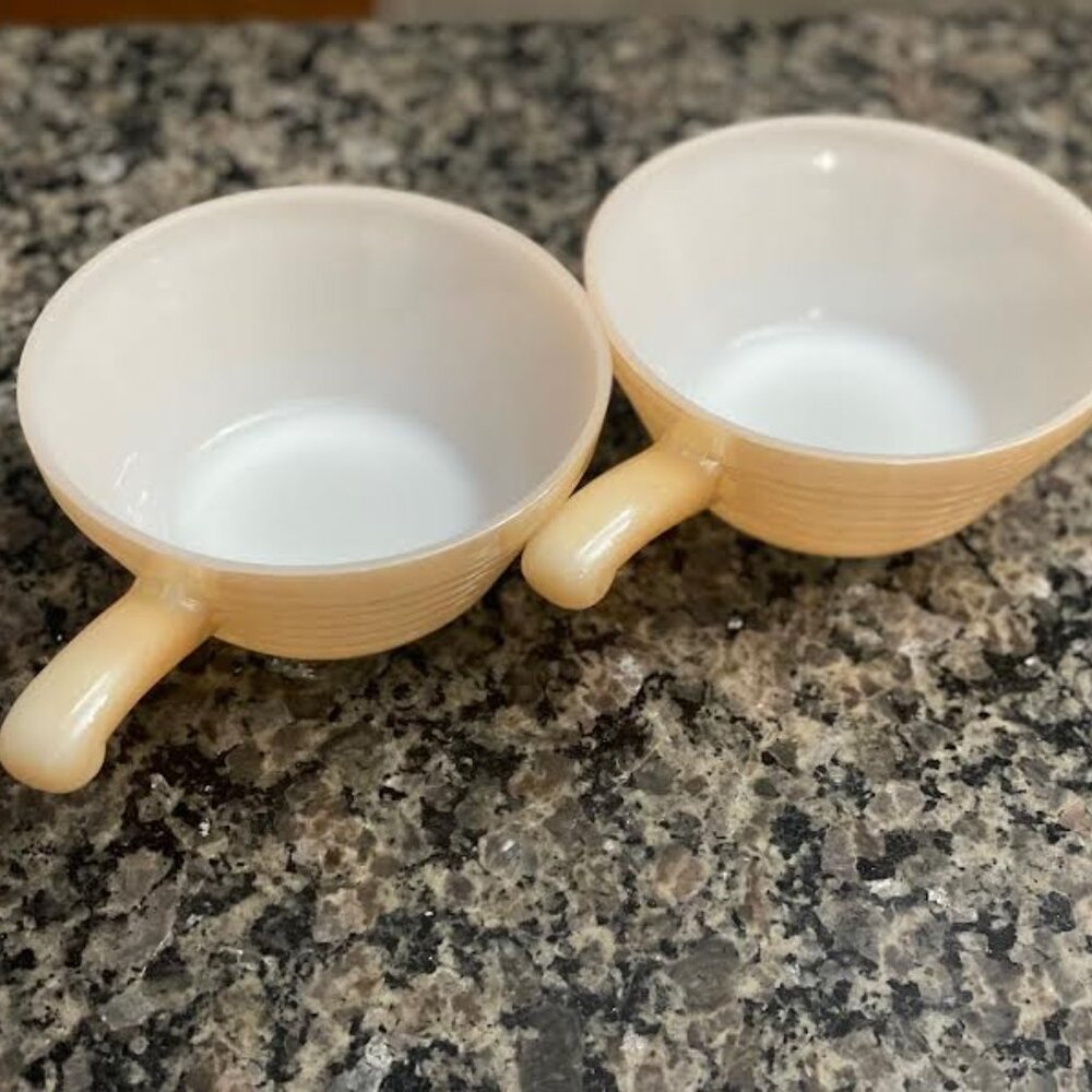Vintage  Anchor Hocking Fire King Peach Soup Bowls  with Handles: Set of 2